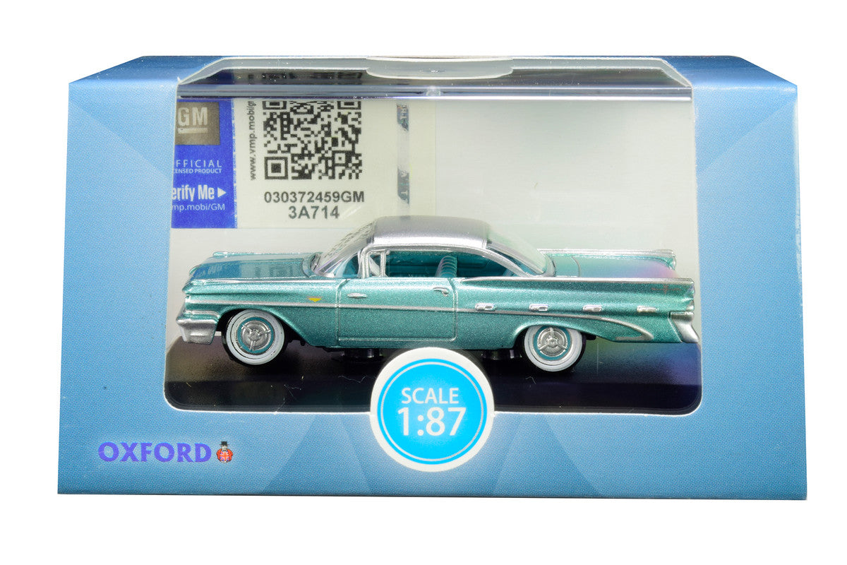 1959 Pontiac Bonneville Coupe Seaspray Green with Silver Top 1/87 (HO) Scale Diecast Model Car by Oxford Diecast-2