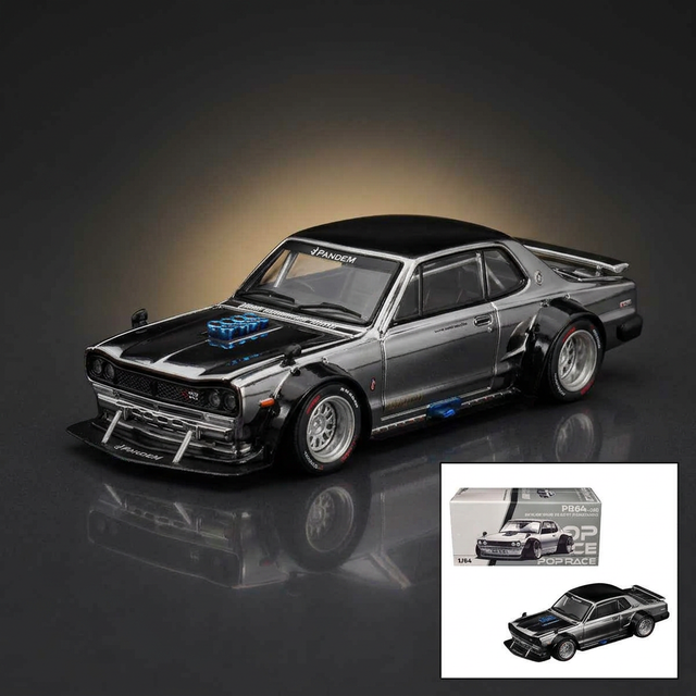 Pop Race 1:64 Skyline GT-R V8 Drift Hakosuka - Silver Chrome/Black